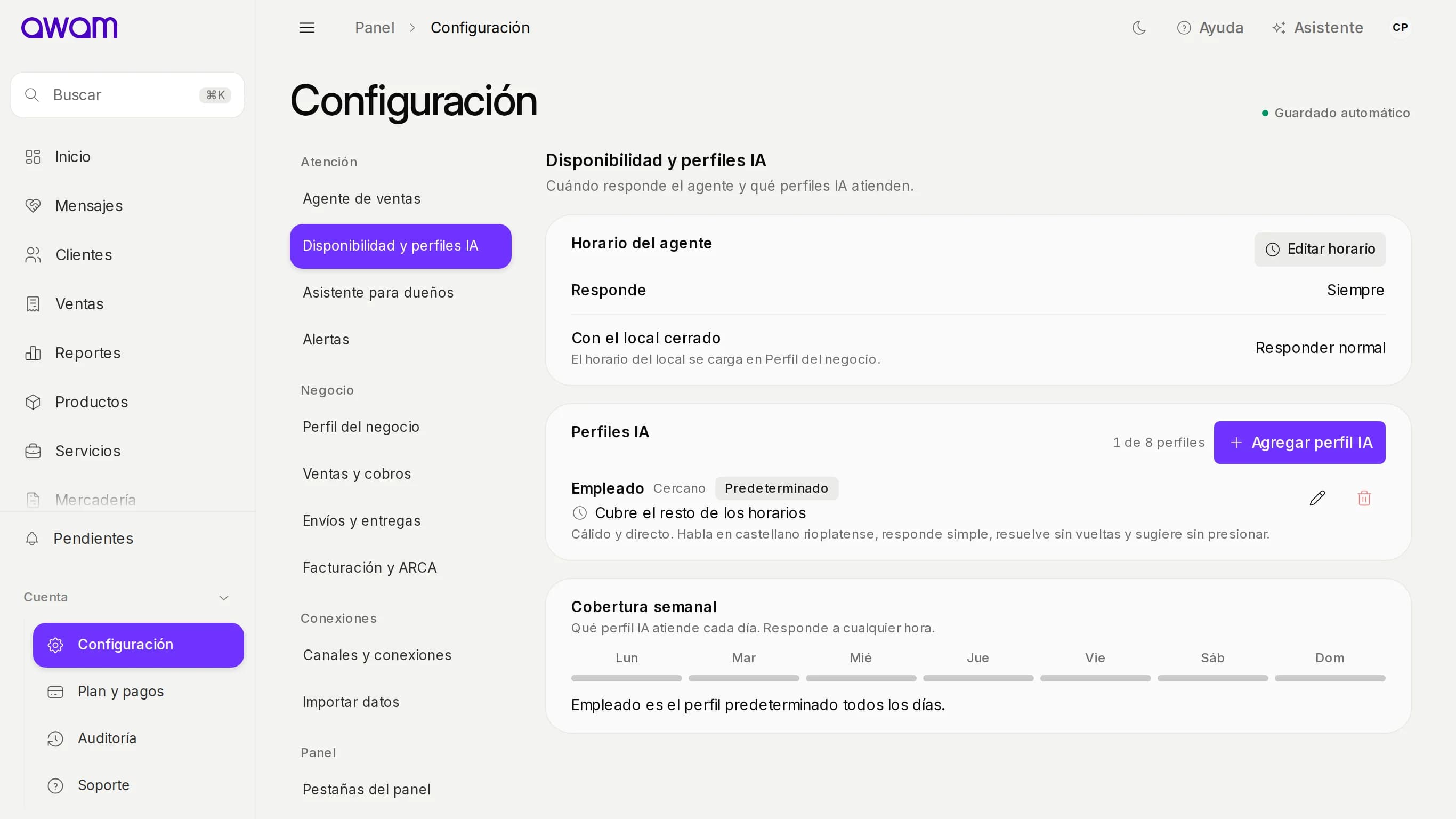 Disponibilidad del agente y perfiles IA