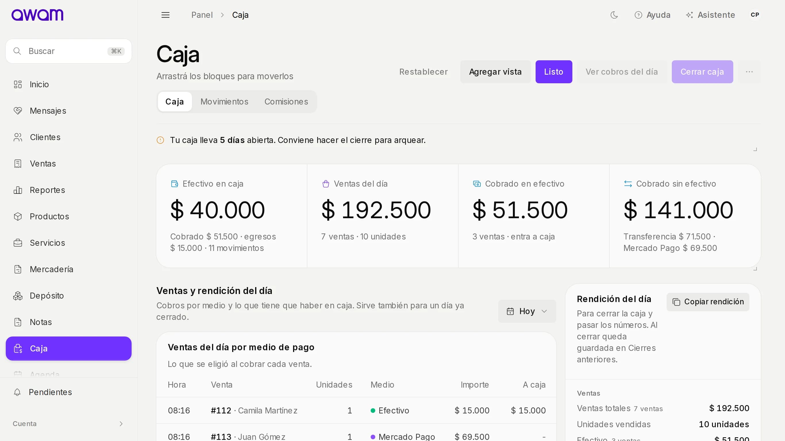 Caja con Editar panel prendido y Cerrar caja atenuado