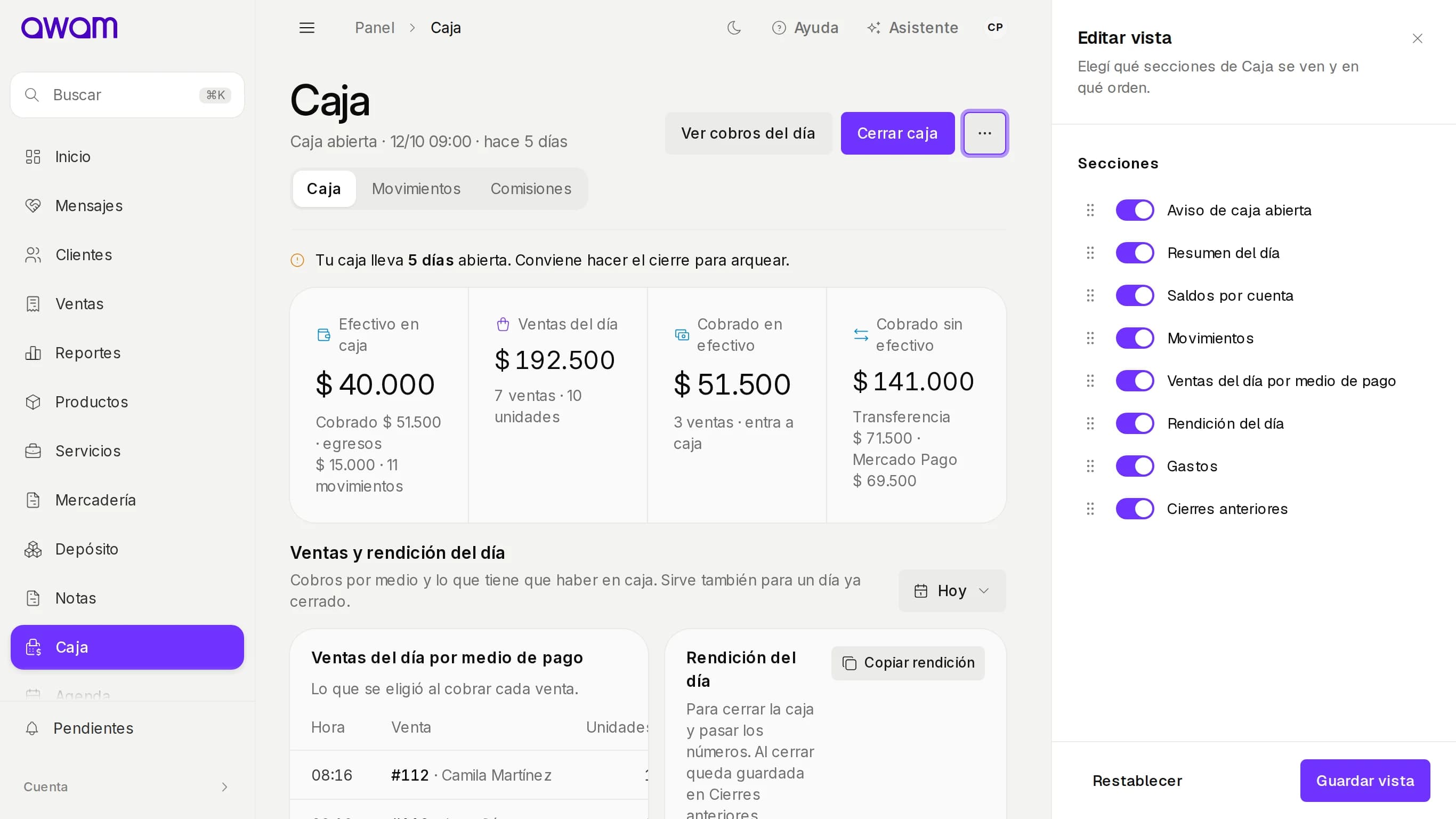 Caja con el panel Editar vista y la lista de secciones con interruptor y manija
