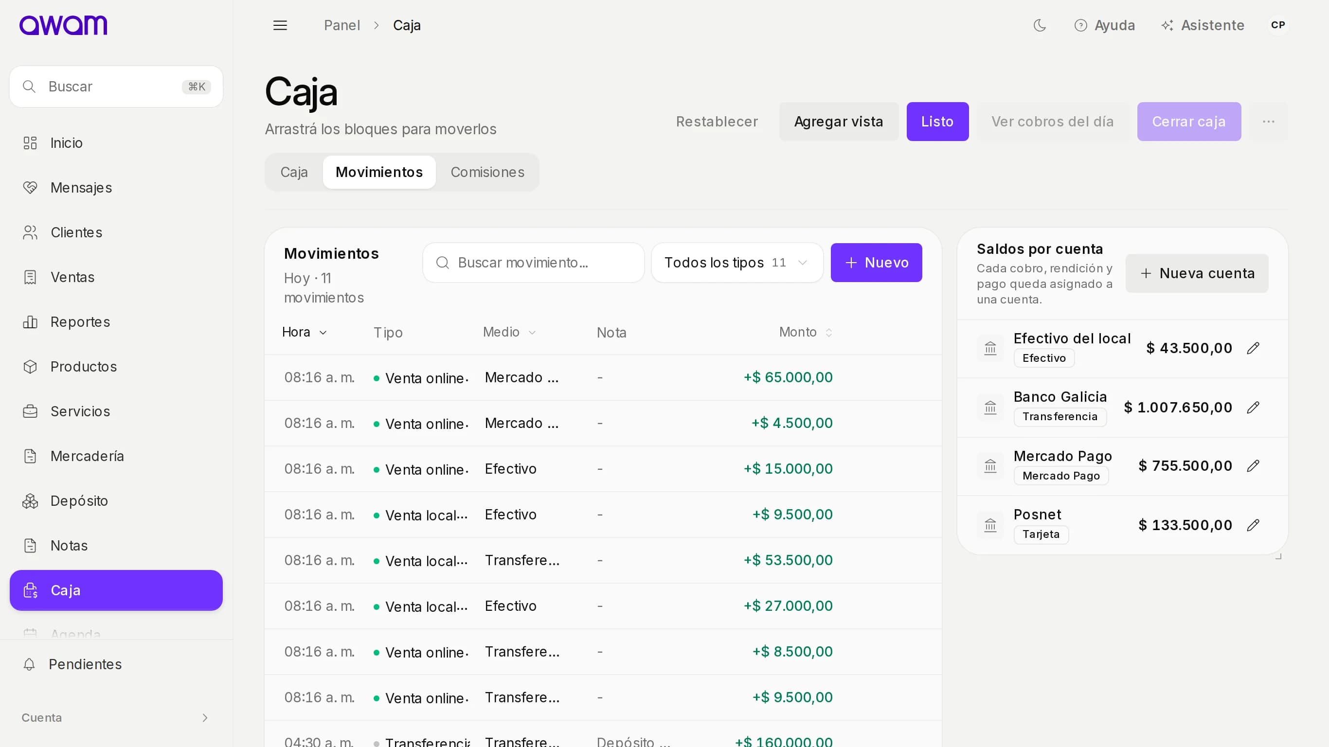 Pestaña Movimientos de Caja con Editar panel prendido