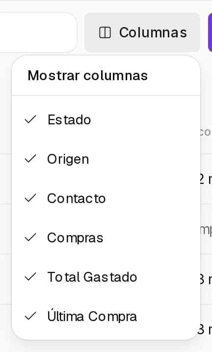 Menú Columnas de Clientes abierto con la lista de columnas para mostrar u ocultar