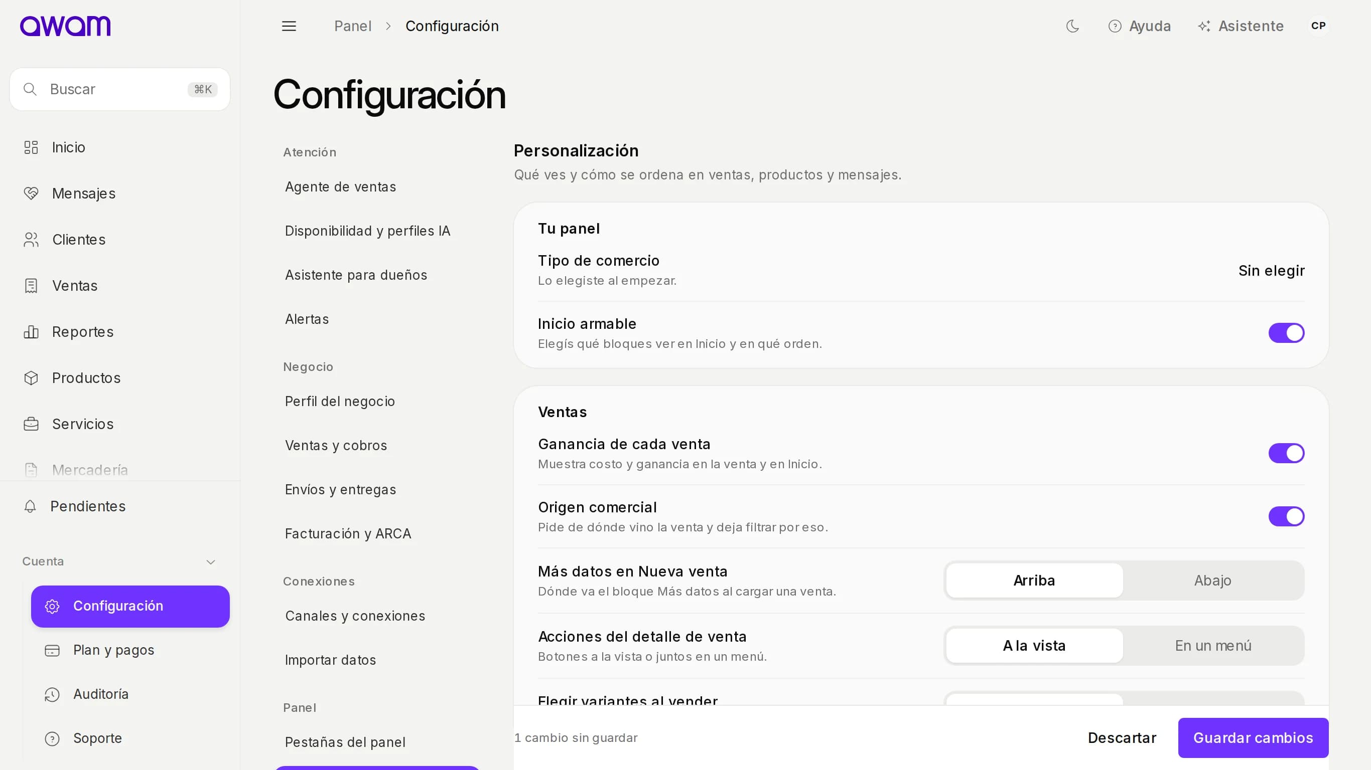 Personalización con una opción cambiada y la barra 1 cambio sin guardar con Descartar y Guardar cambios