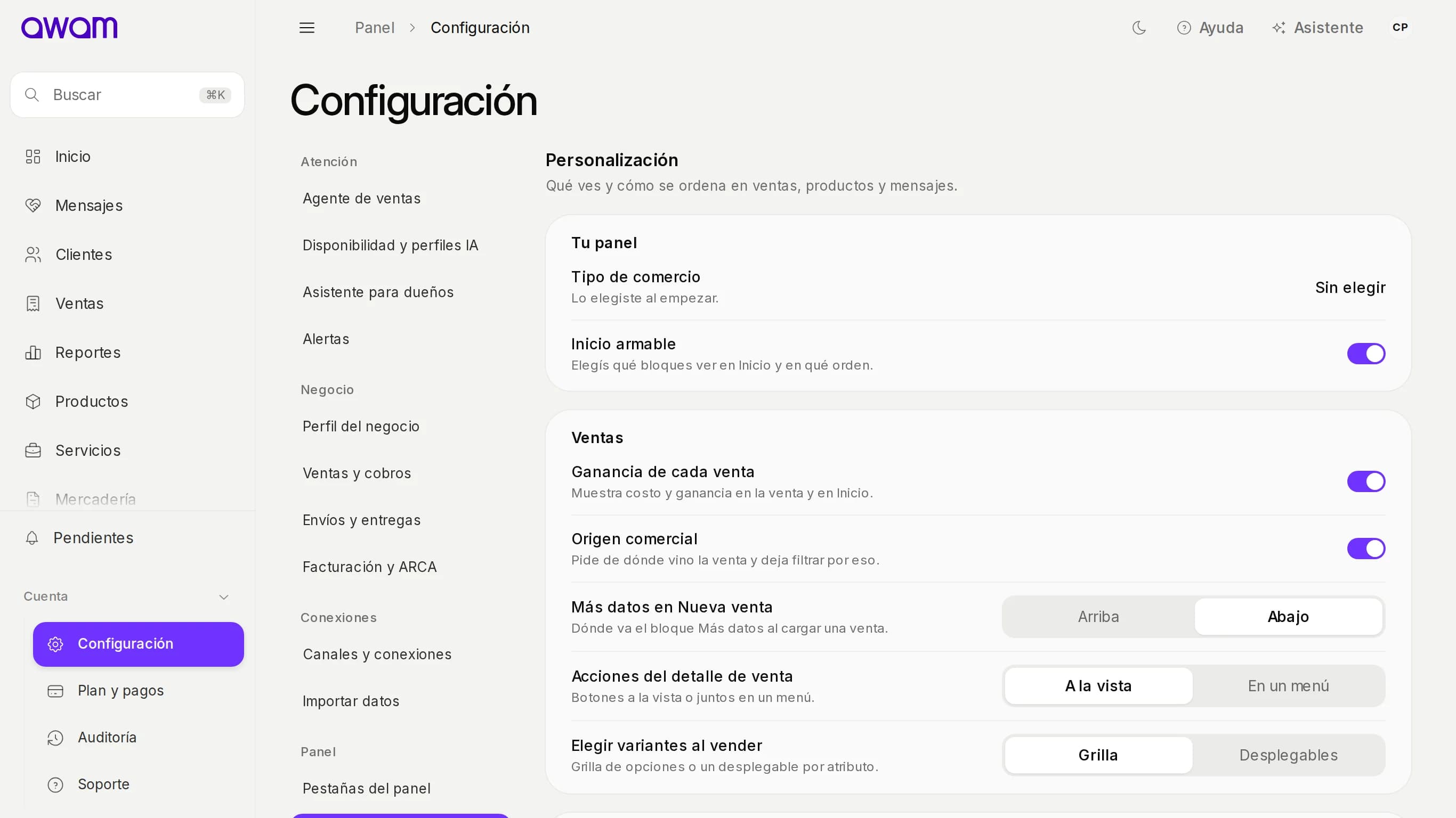 Configuración › Personalización con Tu panel, Ventas, Productos, Clientes y mensajes e Inicio y menú