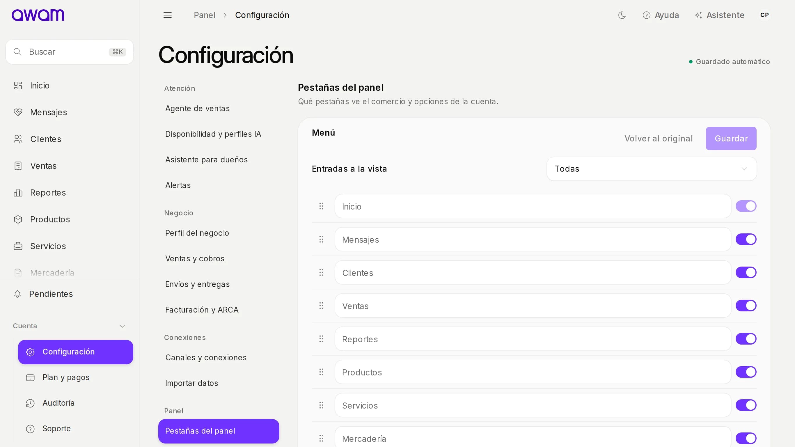 Configuración › Pestañas del panel con la sección Menú y la lista de entradas con nombre e interruptor