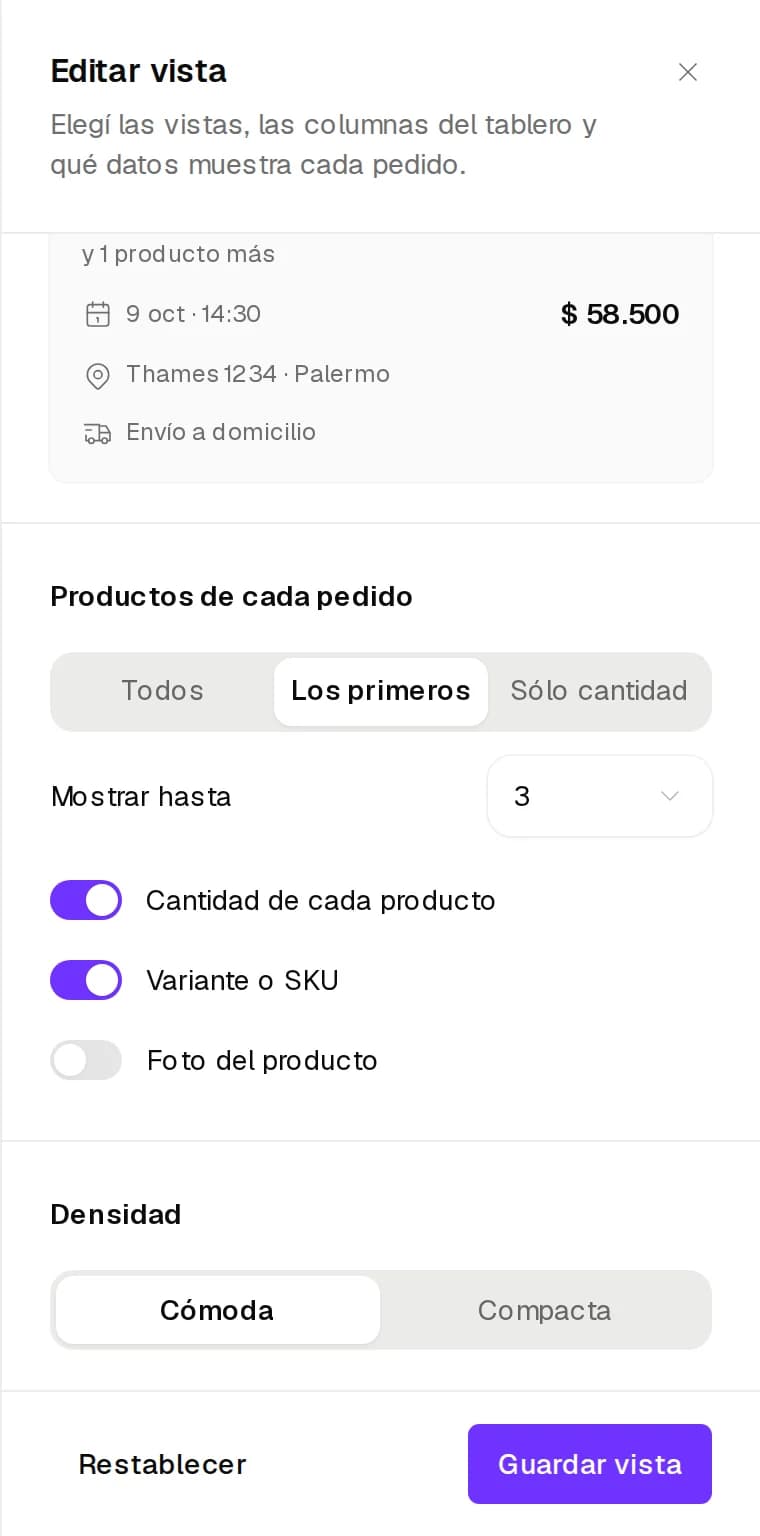 Editar vista de Entregas con la vista previa del pedido, Productos de cada pedido y Densidad