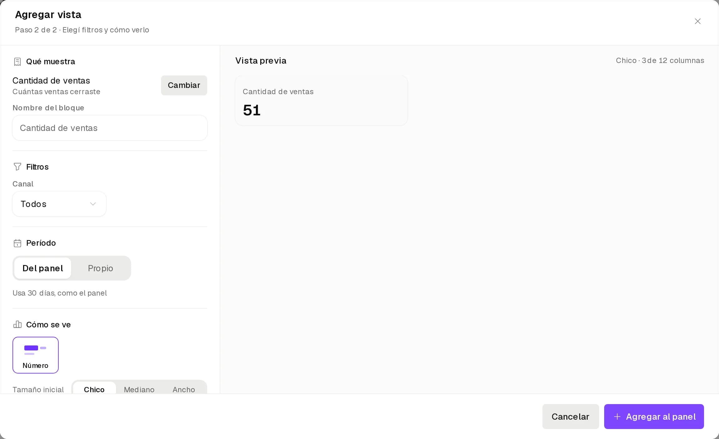 Agregar vista, paso 2 de 2, con Nombre del bloque, Filtros, Período y Cómo se ve