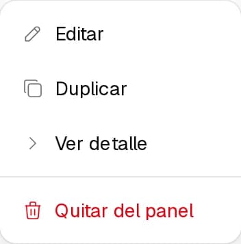 Menú de un bloque abierto con Editar, Duplicar, Ver detalle y Quitar del panel