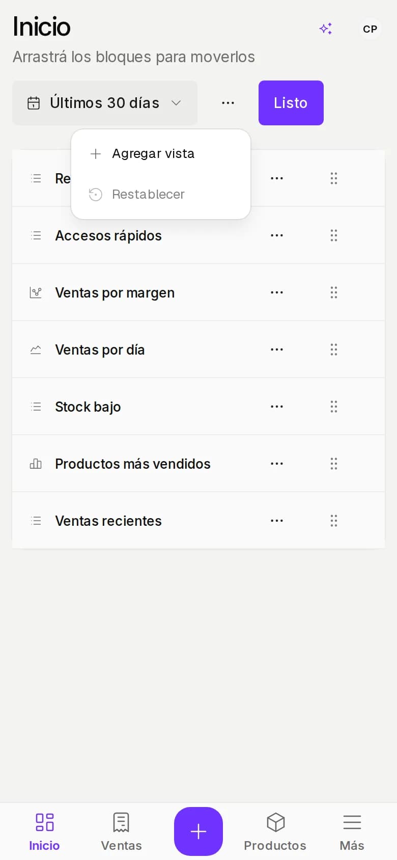 Menú Más acciones del panel abierto en el celular con Agregar vista y Restablecer