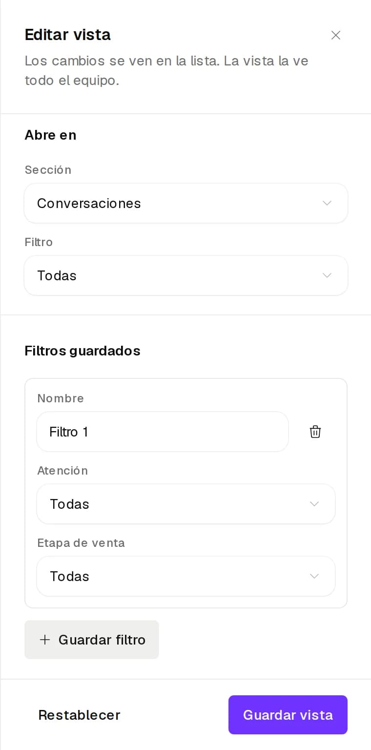 Banda Filtros guardados de Editar vista en Mensajes con Nombre, Atención y Etapa de venta
