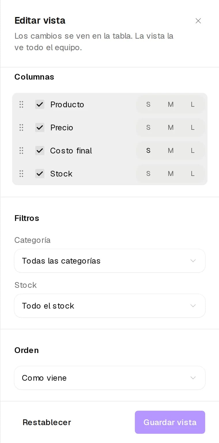 Editar vista del catálogo de productos con los filtros Categoría y Stock y el orden