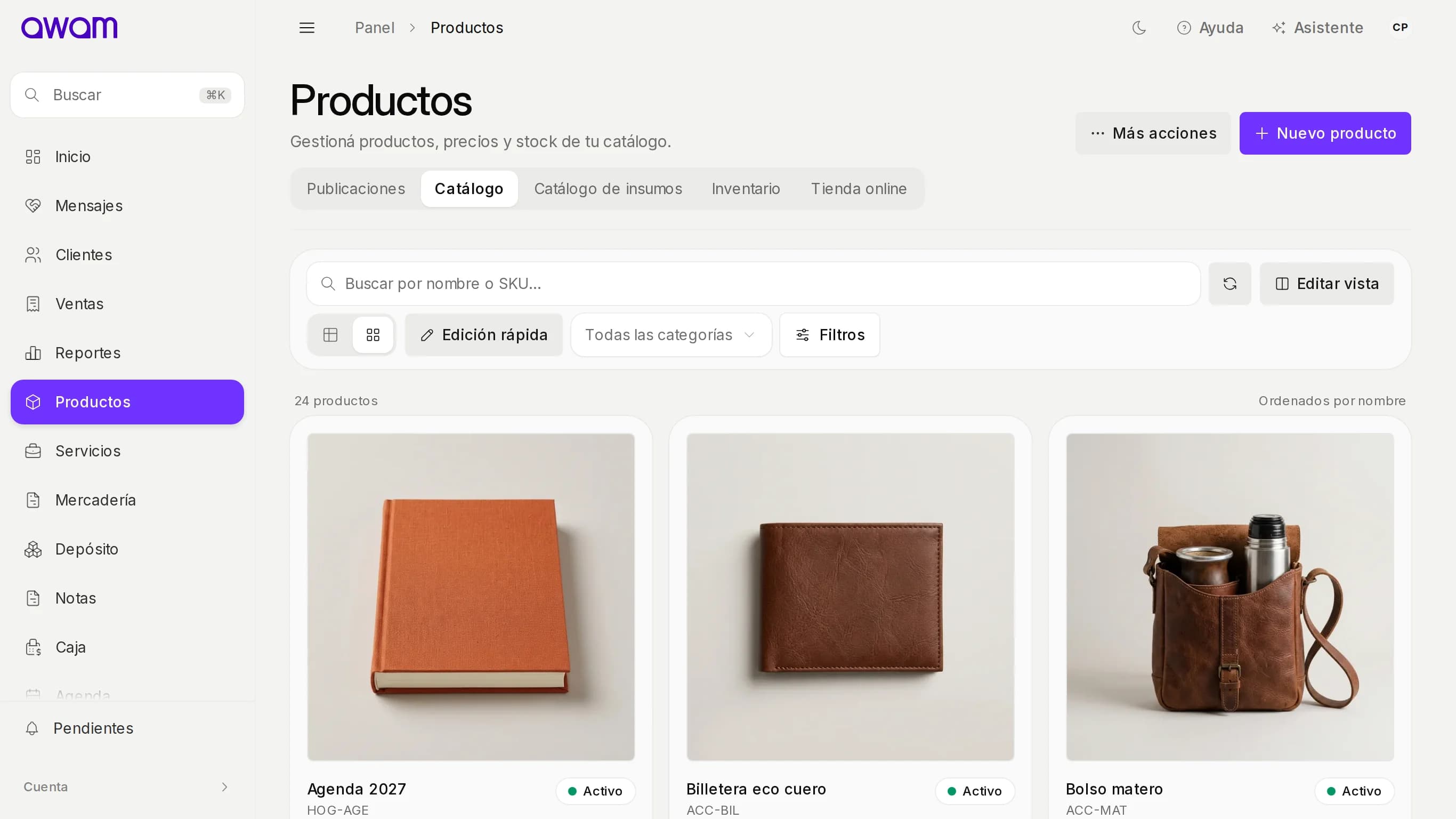 Catálogo de productos en la compu visto como tarjetas con foto, precio y stock