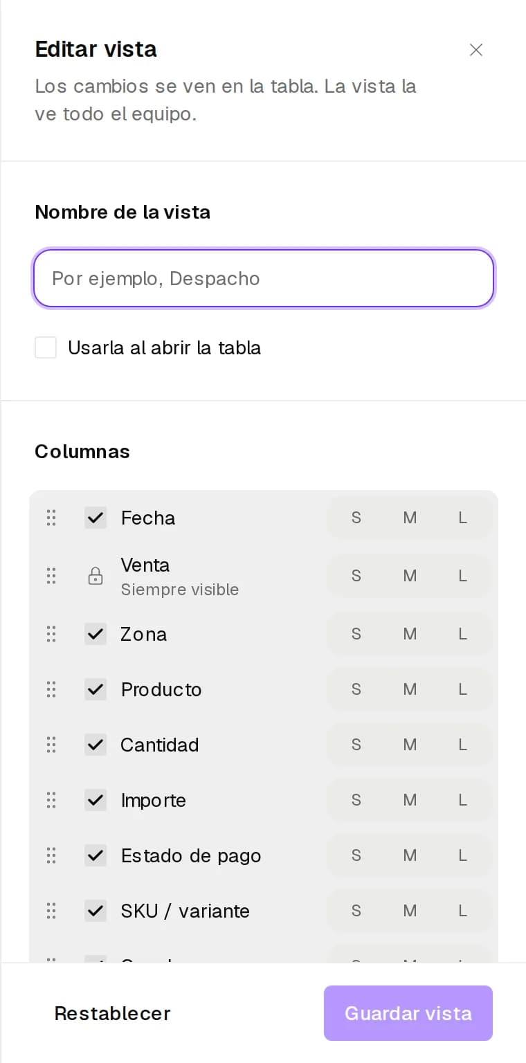 Ventas con el panel Editar vista abierto a la derecha y la tabla corrida al lado