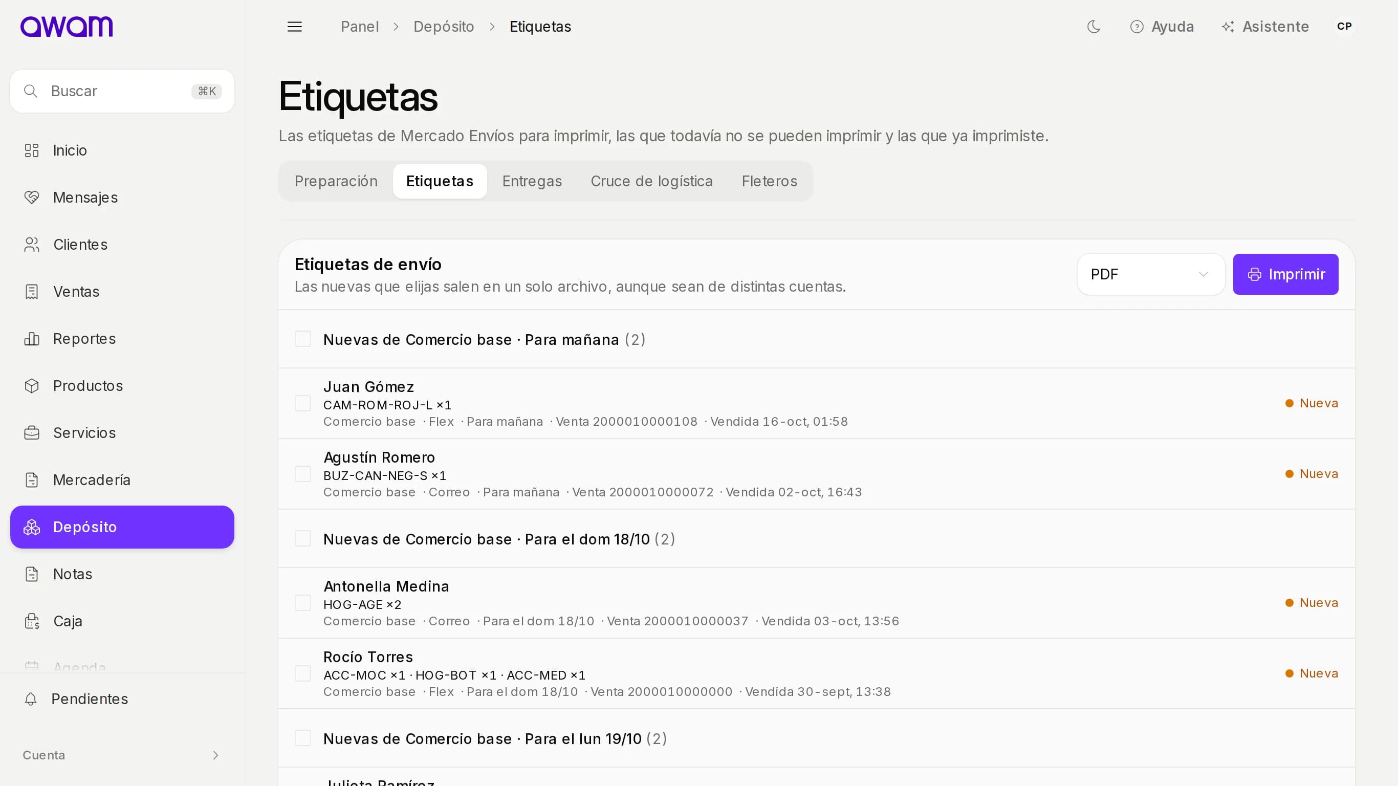 Etiquetas de envío nuevas agrupadas por día de despacho