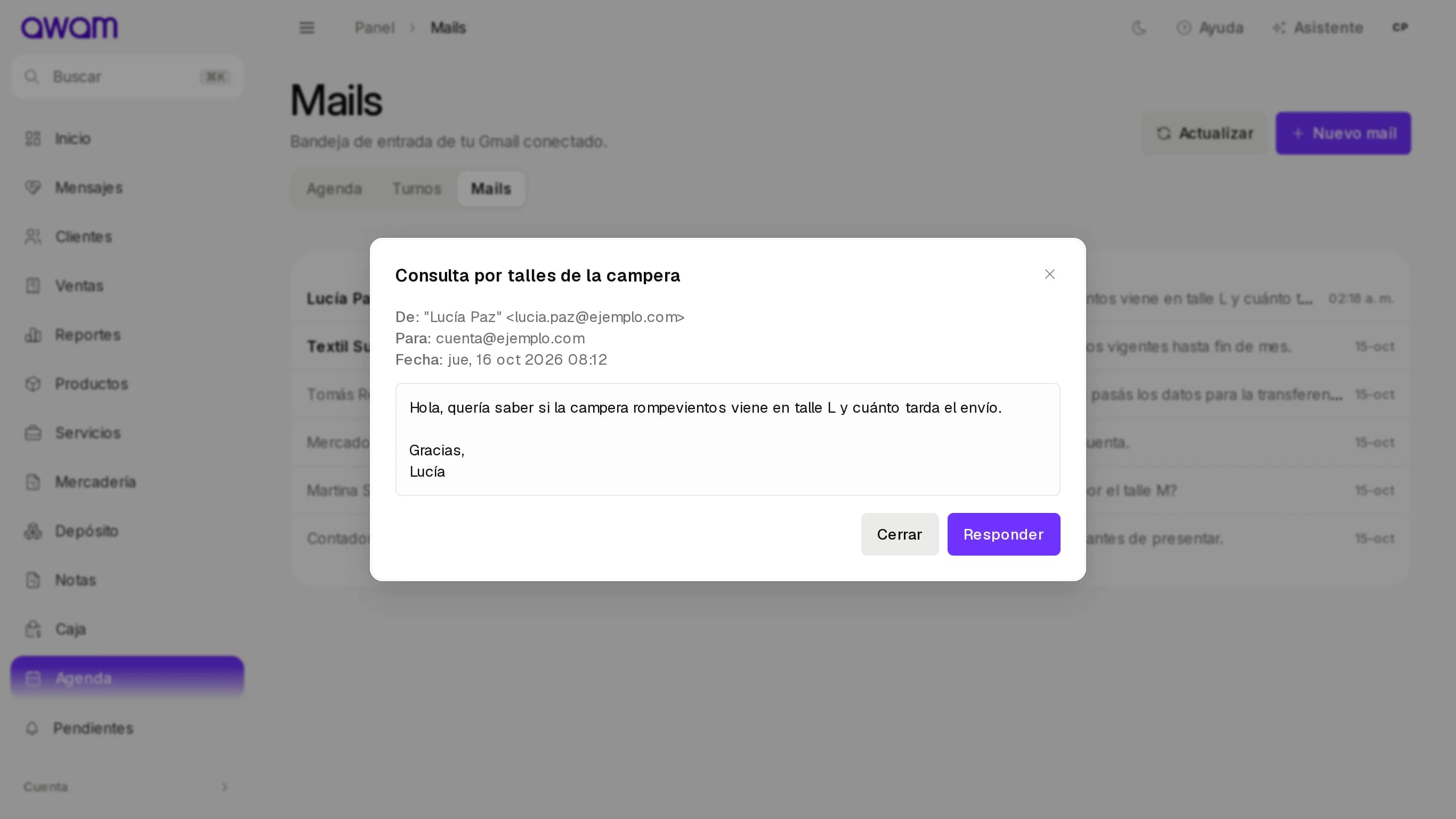 Mail abierto con De, Para, Fecha y el mensaje