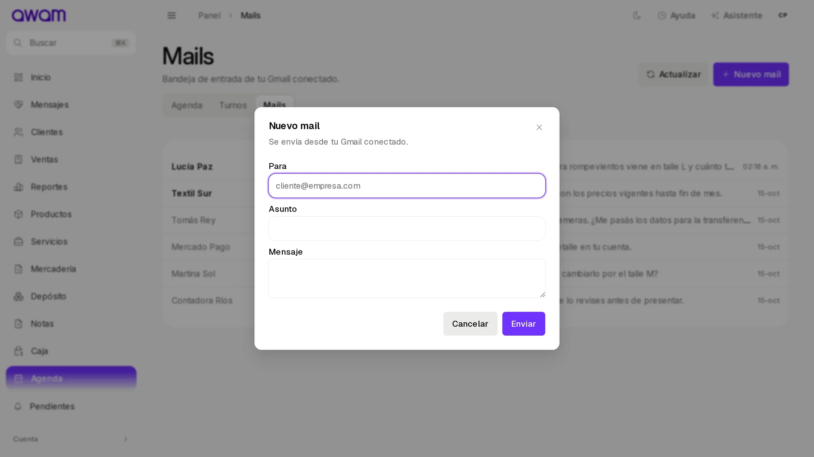 Formulario Nuevo mail con Para, Asunto y Mensaje
