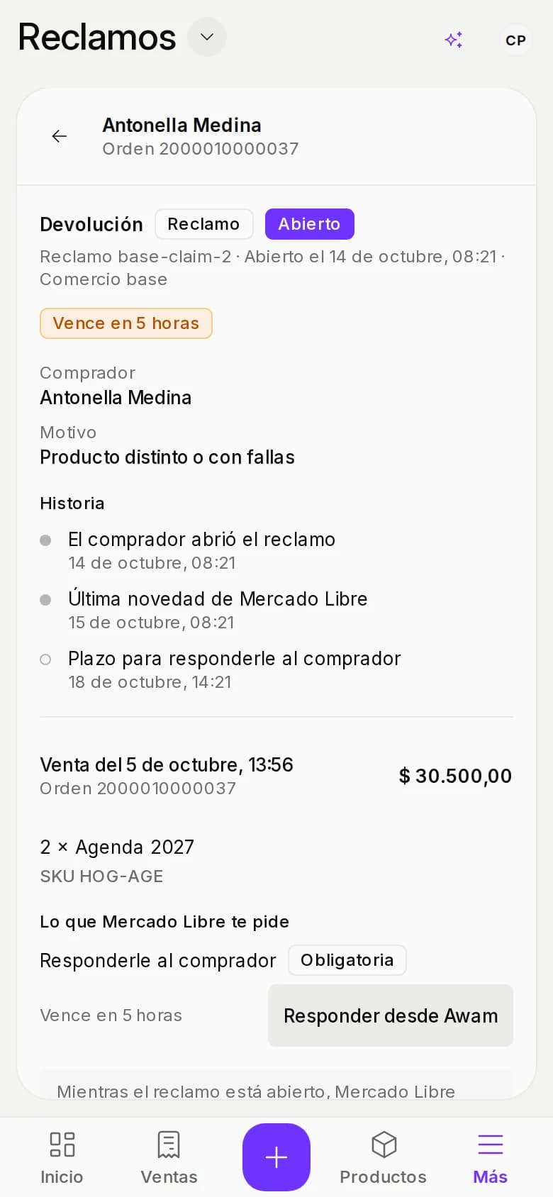 Detalle de un reclamo en un celular