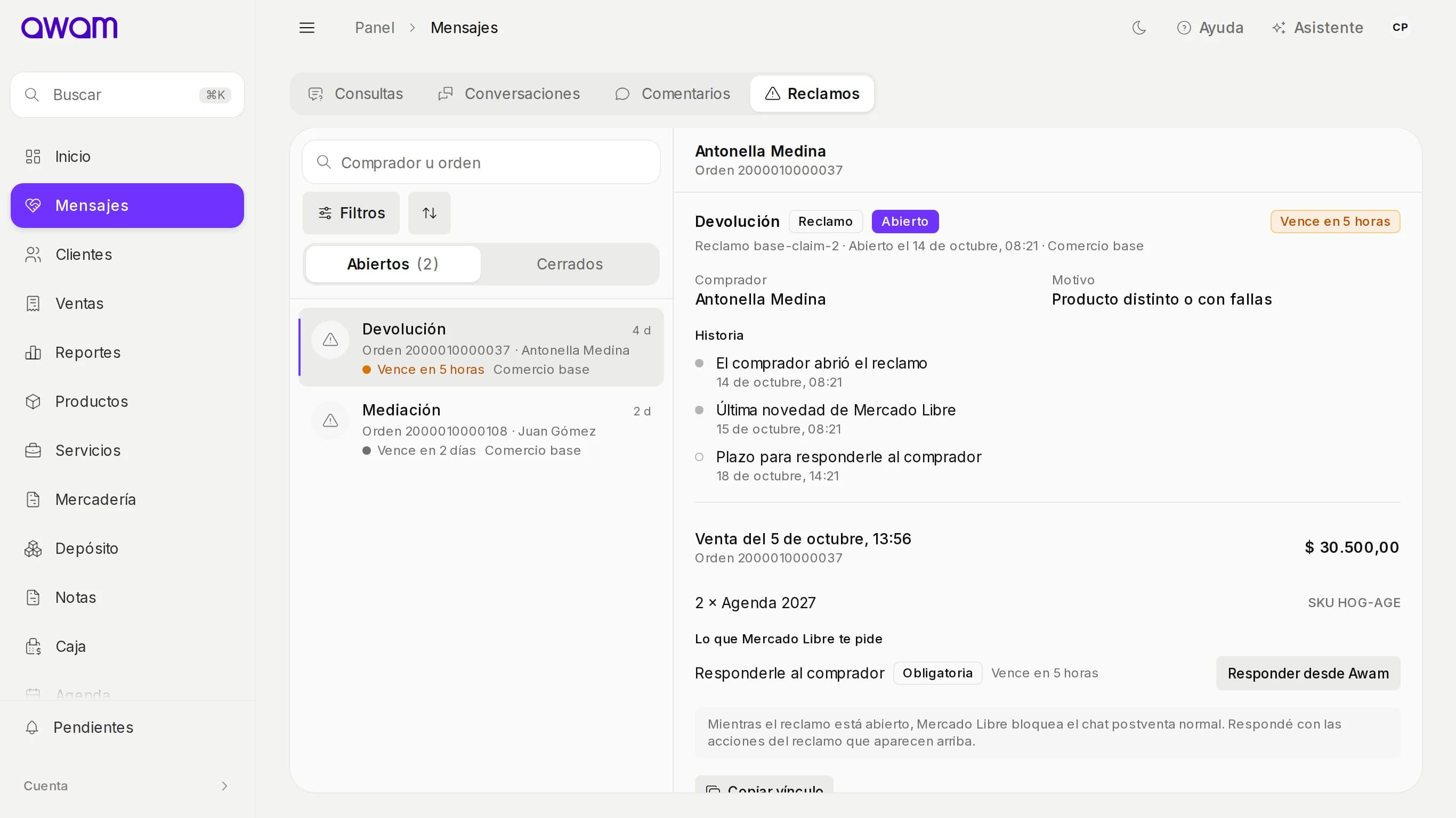 Reclamo de devolución abierto con su historia, la venta y Lo que Mercado Libre te pide