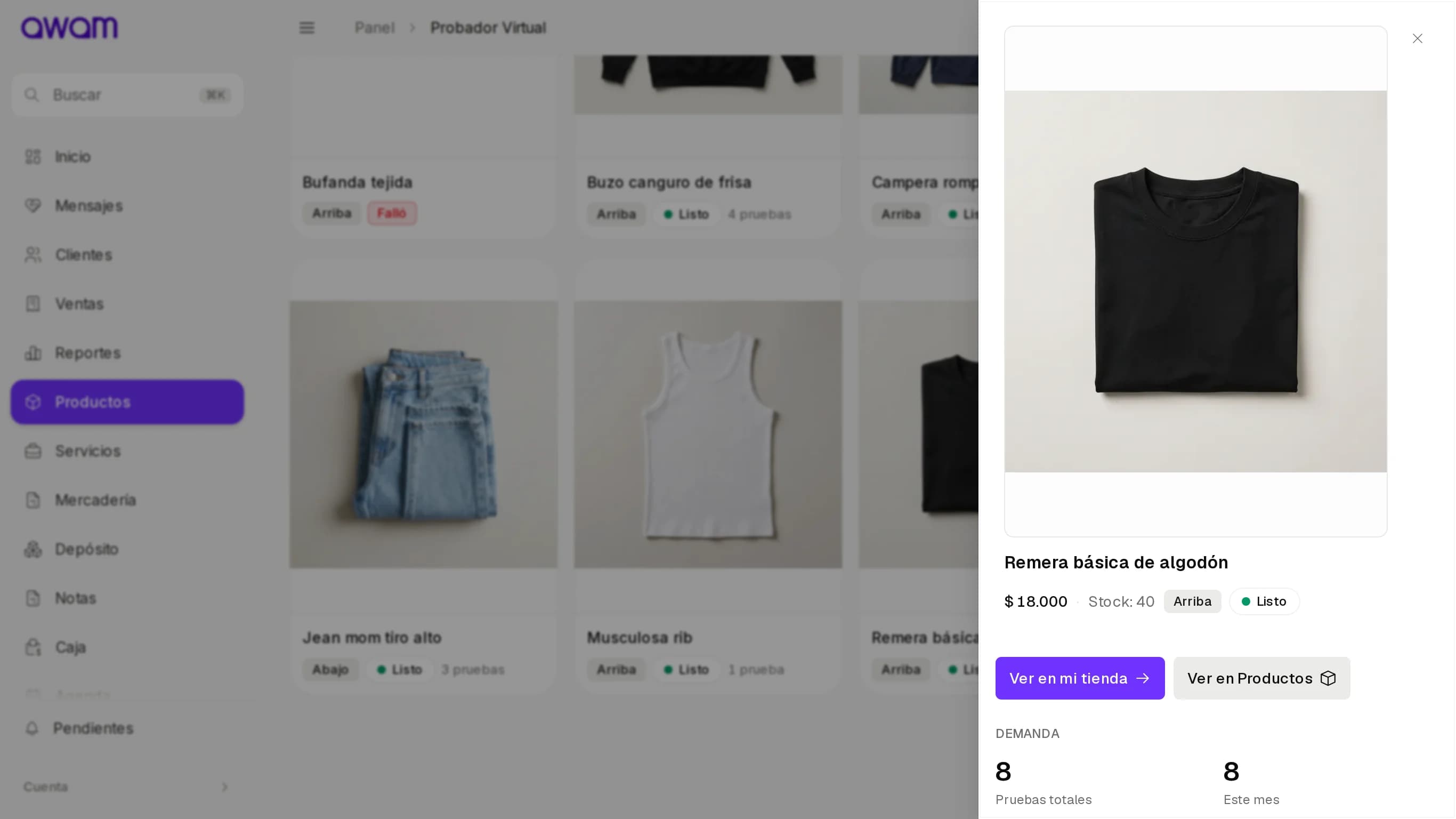 Detalle de una prenda con precio, stock y demanda