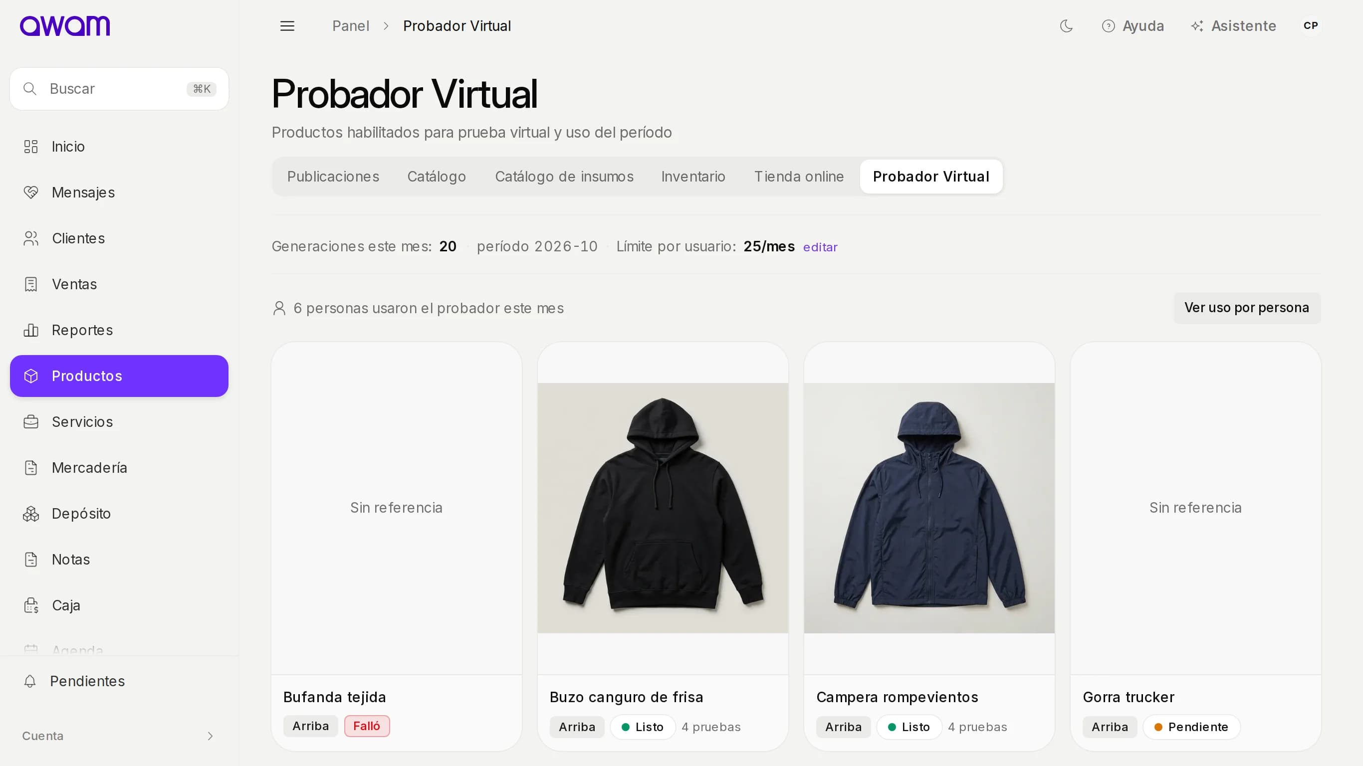 Probador Virtual con prendas habilitadas y su estado