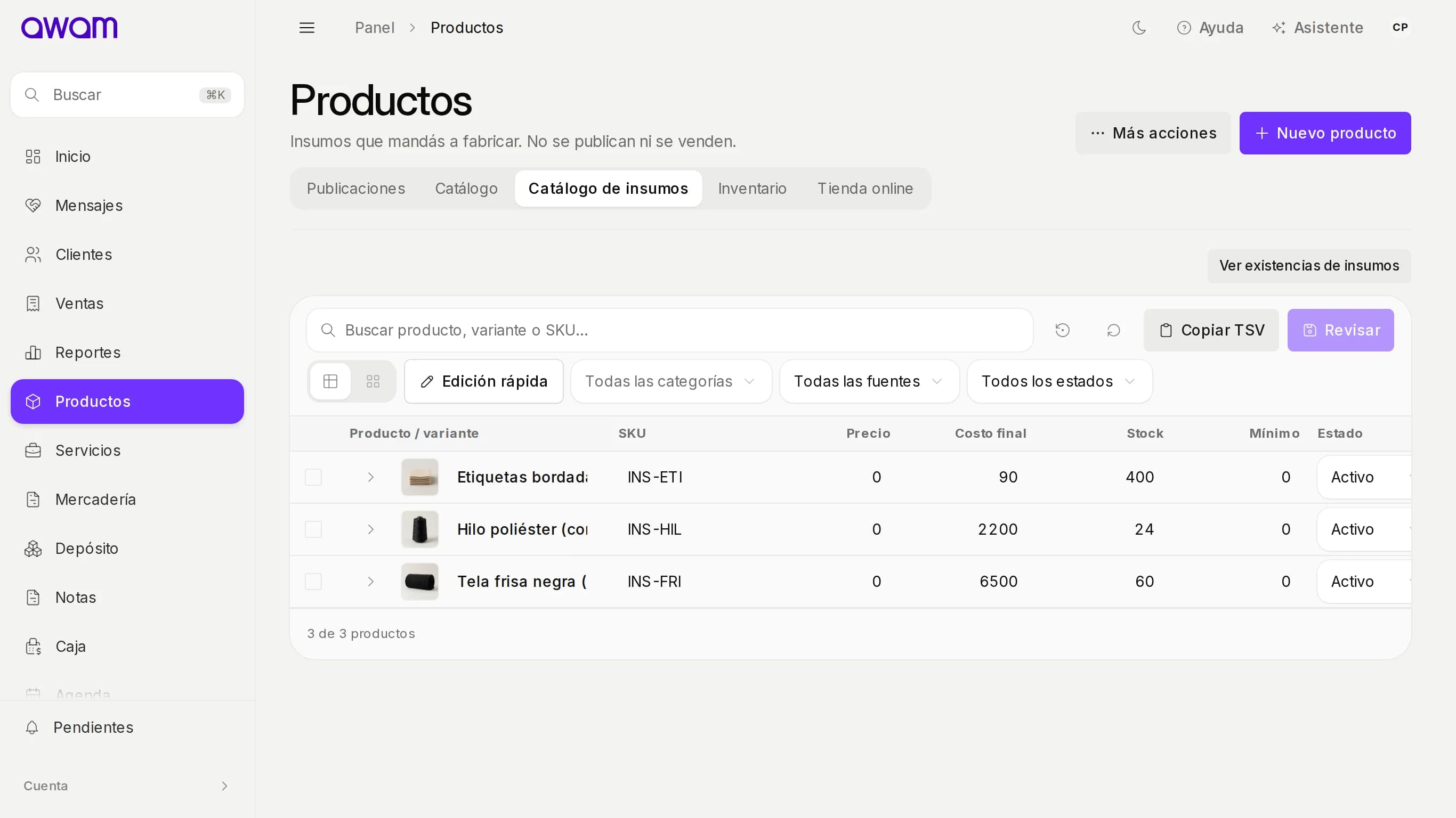 Catálogo de insumos con stock de materiales