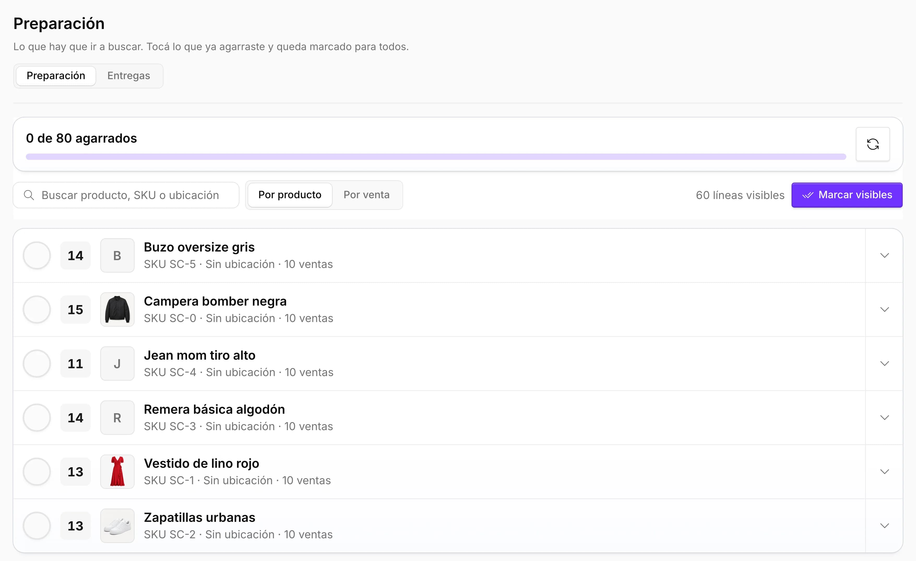 Preparación en el Depósito de AWAM: cuántos productos ya se juntaron y la lista por producto con la cantidad que hay que ir a buscar