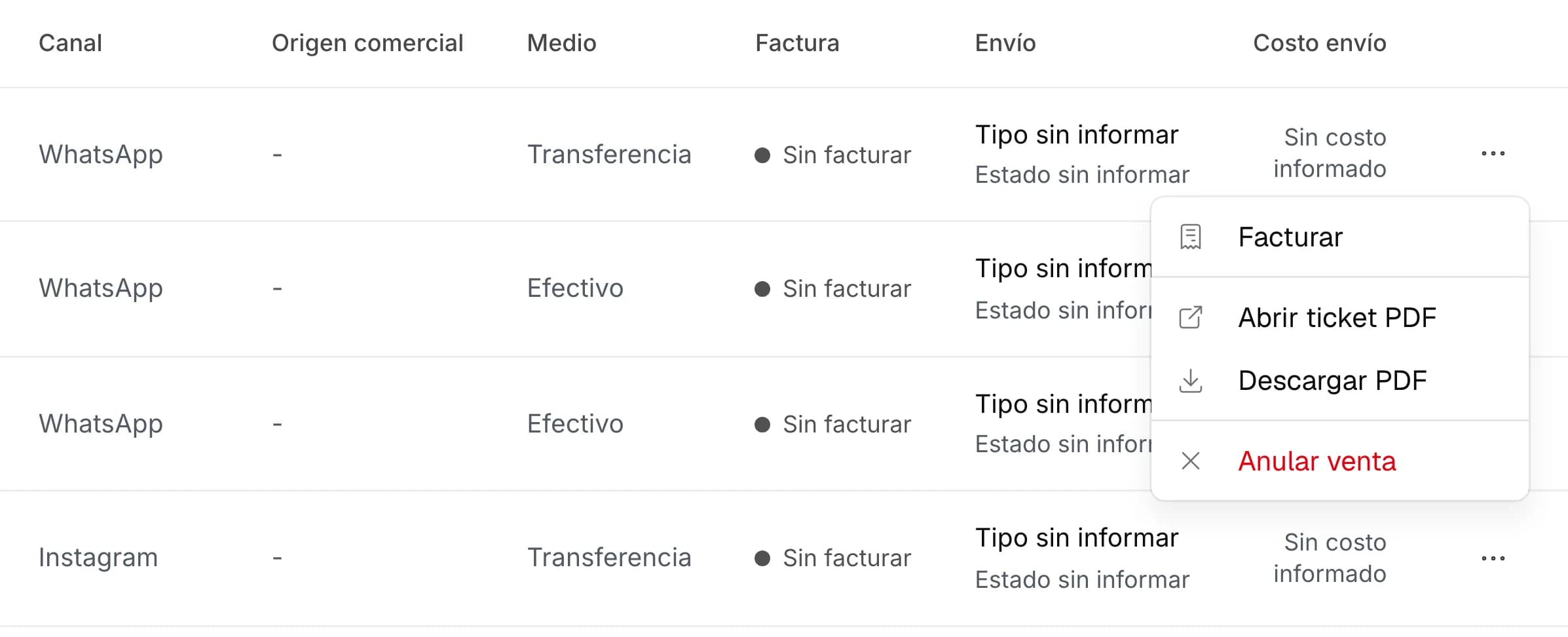 Ventas en AWAM con la columna Factura en "Sin facturar" y el menú de una venta abierto: Facturar, Abrir ticket PDF, Descargar PDF y Anular venta